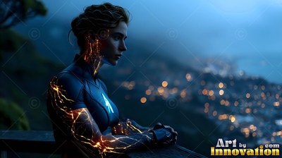 A woman in a suit looking out over city lights at dusk