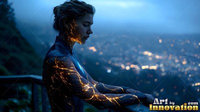 Bright lines branch on a woman's dark sleeve as she looks over city lights at dusk