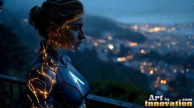 A woman looks out over a city at dusk with yellow electric cracks on her dark suit