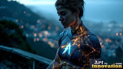 Looking down in profile, a woman stands on a hill above evening city lights