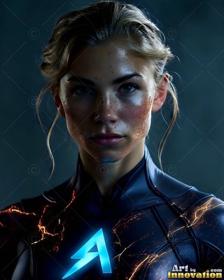 A woman in a dark suit with a bright blue letter on her chest looks straight ahead