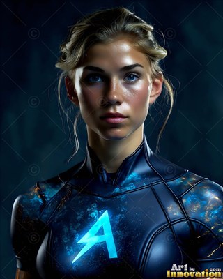 In a dark room, a blonde woman wears a blue suit with a bright letter A