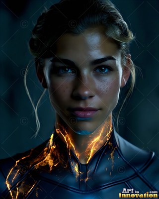 Looking forward in dim light, a young woman has yellow sparks on her neck and suit
