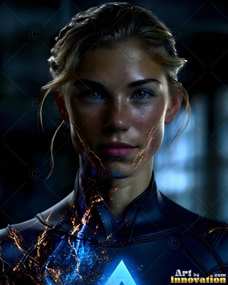 A blonde woman dressed in a shadowy suit with blue and orange energy on her neck