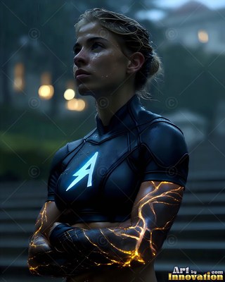 A lightning bolt crest on her black suit, a woman stands outside on steps at dusk