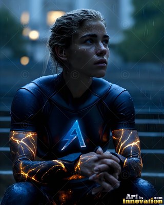 A woman crouches on wet steps in the rain, bright blue and orange light shining through her suit