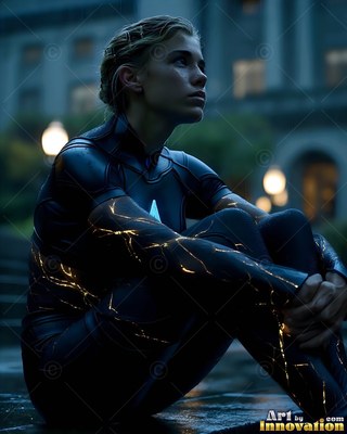 Sitting on wet steps, a woman in a deep-toned suit with gold cracks looks up