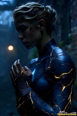 In a dark alley, a bruised woman in a cracked black suit holds her hands up