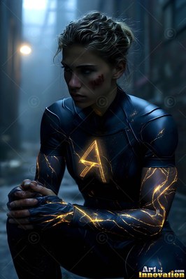 Crouching in a dim alley, a bruised woman wears a suit laced with bright yellow light lines