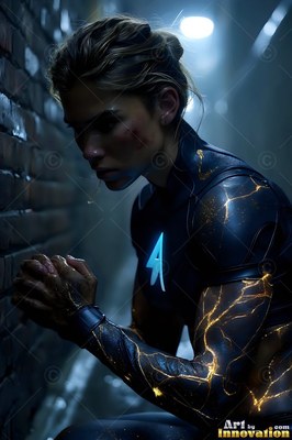 A woman in a deep-toned suit with lightning cracks crouches in an alley