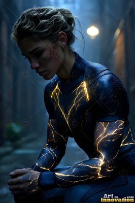 Bright gold veins across her black suit, a bruised woman sits in a dark city alley