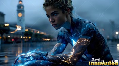A woman kneels on wet pavement as bright blue electricity crackles over her hands