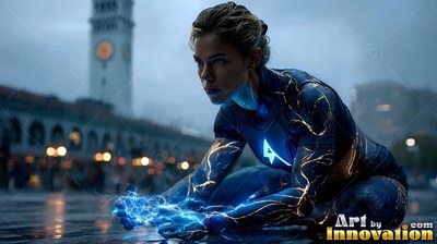 Crouching on a rainy city street, a woman in a suit sparks electric blue lightning