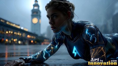 On a wet city road, a woman wearing a dark suit with pale blue lightning crawls forward