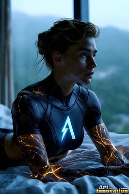 Lying on a bed, a woman in a black suit with lit blue and gold patterns looks away