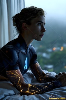 Golden veins crackle across a woman in a dark suit resting on a bed by a foggy window