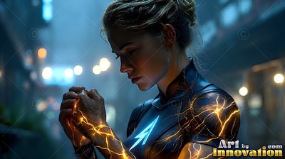 A woman clasps her hands together as vivid yellow lightning traces along her black suit