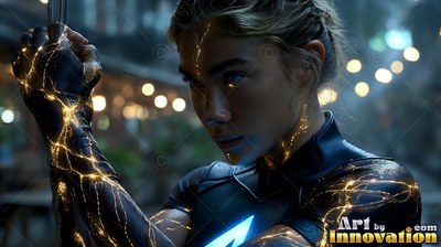 Looking sideways on a night street, a woman raises an arm lined with gold light