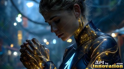 A woman in a deep-toned suit looks down at light yellow sparks on her hands