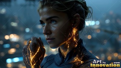 Above a city at night, a woman has golden light running across her hand and neck