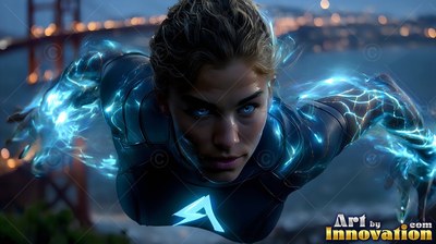 Flying forward, a woman in a deep-toned suit crackles with blue lightning above the bay