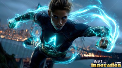 A woman wearing a shadowy suit flies forward with blue electricity around her arms