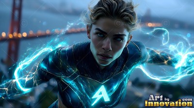 Bright electric blue lightning trails from a woman in a deep-toned suit flying over the Bay Bridge