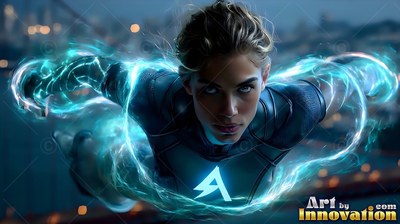 A woman flies forward through the night air wrapped in swirls of bright cyan lightning