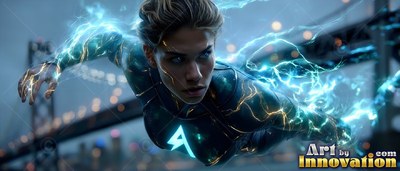 Flying forward past the Bay Bridge, a woman trails bright blue sparks in a suit
