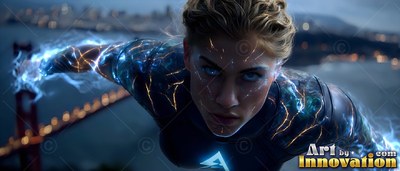 A woman flies above a dark bridge with bright blue energy on her suit