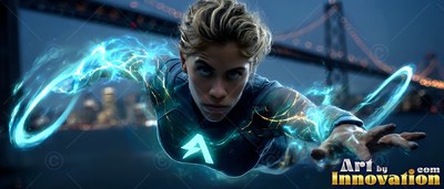 Over a dark bay at night, a flying woman reaches forward with deep blue lightning on her arms