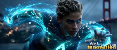Flying through the night air, a woman shoots bright deep blue lightning from her hands