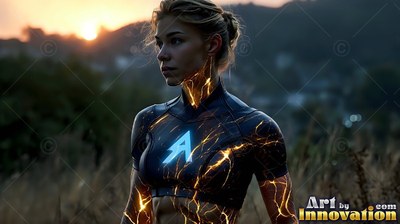 Golden lightning marks on her neck, a woman stands in a dry hillside field at dusk