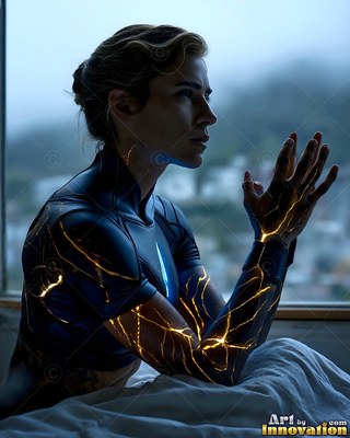 A woman in a blue suit looks out a window with yellow sparks on her arms