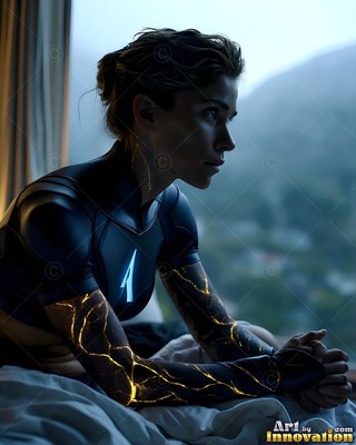 Sitting by a window, a woman dressed in a black suit looks out at misty hills