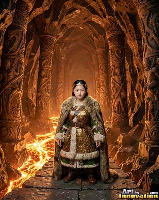 In a stone cave with lava rivers, a woman stands in a fur cloak and gold armor