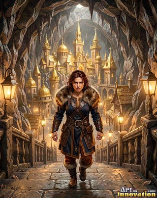 Walking down stone stairs, a woman in fur-lined armor leaves a golden city