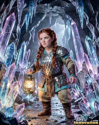 A dwarf woman in scale armor holds a lantern in a crystal cave