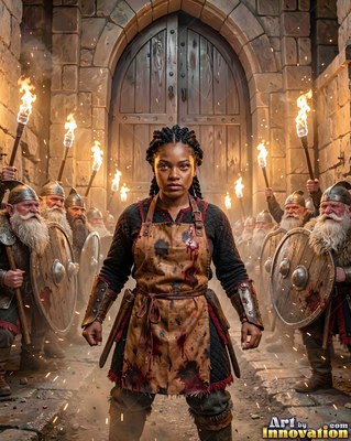 Braided hair crowns a dwarf woman in a stained leather apron before a stone gate