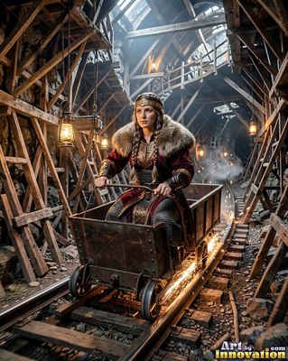 A braided woman rides a mine cart through a timber tunnel, throwing bright yellow sparks