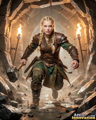 Running forward in a stone tunnel, a blonde dwarf woman grips a heavy hammer