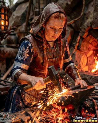 A hooded woman with braided red hair hammers hot iron on an anvil by firelight