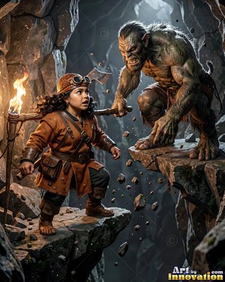 In a dark cave, a woman with a torch faces a gray troll across a gap