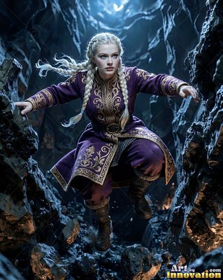 Leaping through a dark rock chasm, a blonde woman wears a purple tunic with gold trim