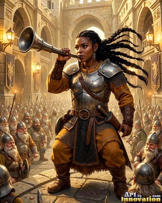 A woman in armor blows a horn before a crowd of soldiers