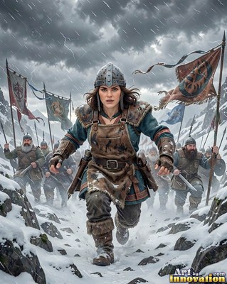 Wearing an iron helmet and a leather apron, a dwarven woman runs down a snowy mountain pass
