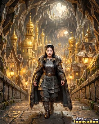 A dwarf woman walks down stone steps toward a golden underground city lit by streetlamps