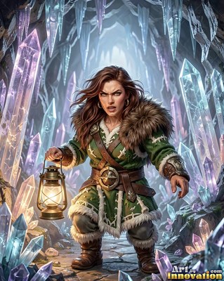 Crouching in a crystal cavern, a dwarf woman in green holds a lantern