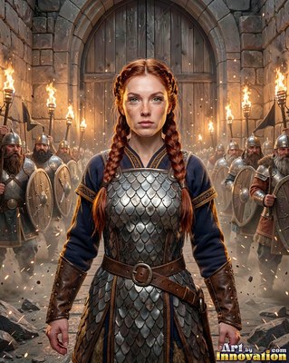 A red-haired woman in scale armor leads soldiers past a stone gate torchlit at night