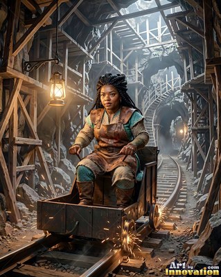 In a timbered mine tunnel, a dwarf woman rides a wooden cart down the tracks
